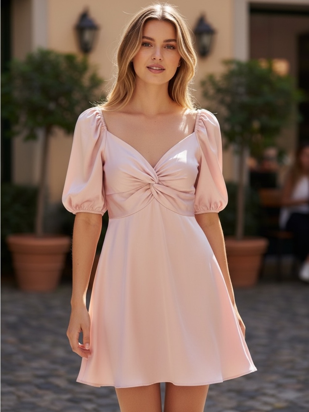 Express Pink Satin Puff-Sleeve Midi Dress